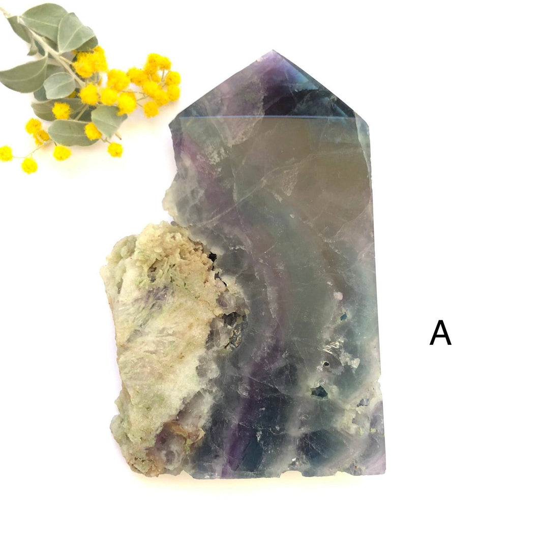 Rainbow Fluorite Slab With Polished Point - Luna Lane Crystals